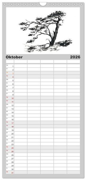 Produktbild: Familienplaner 2026 - Asiatische Tuschmalerei mit 5 Spalten (Wandkalender, 21 x 45 cm) CALVENDO