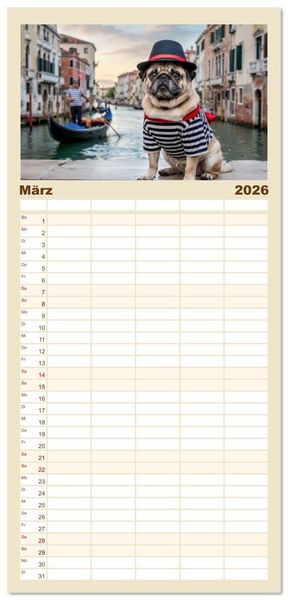 Produktbild: Familienplaner 2026 - Eine Mopsige Weltreise mit 5 Spalten (Wandkalender, 21 x 45 cm) CALVENDO
