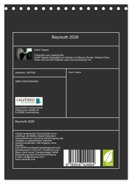 Produktbild: Bayreuth 2026 (Tischkalender 2026 DIN A5 hoch), CALVENDO Monatskalender