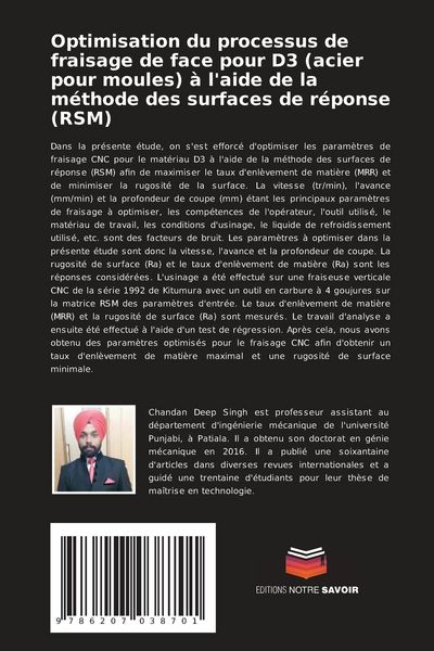 Produktbild: Optimisation du processus de fraisage de face pour D3 (acier pour moules) &agrave; l'aide de la m&eacute;thode des surfaces de r&eacute;ponse (RSM)