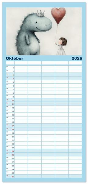 Produktbild: Familienplaner 2026 - Dinozauber &ndash; Wenn Urzeitbewohner zu Freunden werden mit 5 Spalten (Wandkalender, 21 x 45 cm) CALVENDO