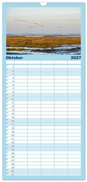 Produktbild: Familienplaner 2027 - Nordfriesland - weiter Horizont, faszinierende Natur, idyllische St&auml;dte mit 5 Spalten (Wandkalender, 21 x 45 cm) CALVENDO