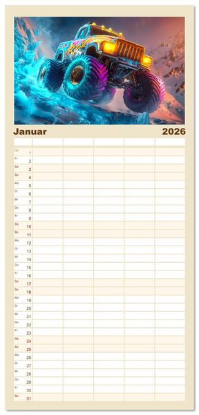 Produktbild: Familienplaner 2026 - Die Macht der Monstertrucks mit 5 Spalten (Wandkalender, 21 x 45 cm) CALVENDO