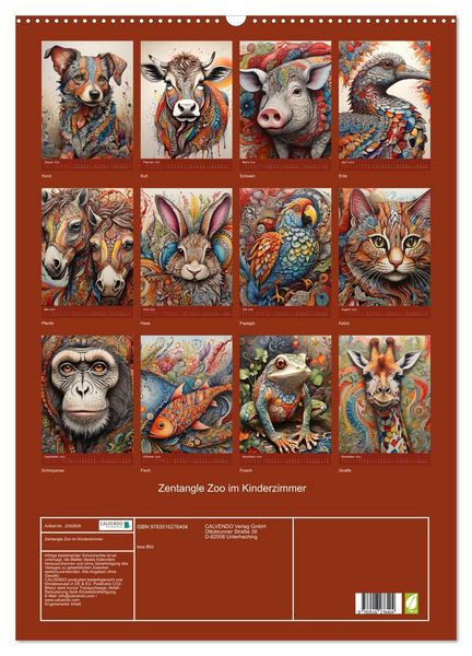 Produktbild: Zentangle Zoo im Kinderzimmer (Wandkalender 2026 DIN A2 hoch), CALVENDO Monatskalender