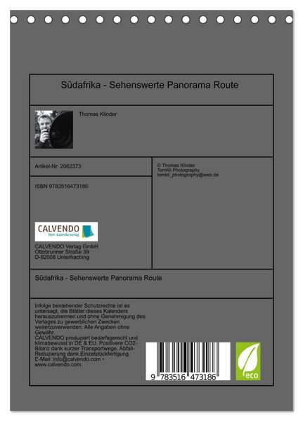 Produktbild: S&uuml;dafrika - Sehenswerte Panorama Route (Tischkalender 2026 DIN A5 hoch), CALVENDO Monatskalender