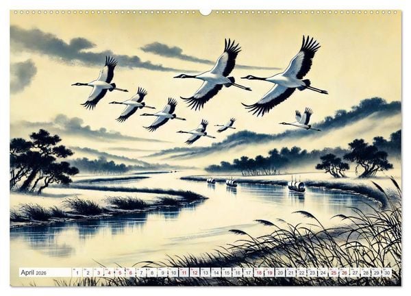 Produktbild: Eleganz der Kraniche - Majest&auml;tische V&ouml;gel in poetischer Tusche (Wandkalender 2026 DIN A2 quer), CALVENDO Monatskalender