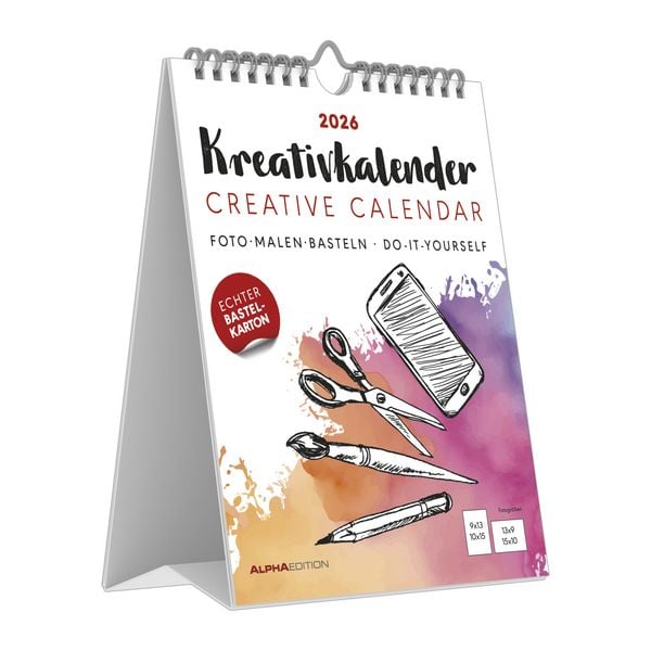 Produktbild: Kreativ-Kalender Tischaufsteller hoch weiß 2026 - 16 x 20 - Foto, Malen, Basteln A4 - datiert - Kreativkalender - Foto-Kalender - Alpha Edition