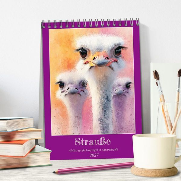 Produktbild: Strau&szlig;e. Afrikas gro&szlig;e Laufv&ouml;gel in Aquarelloptik (Tischkalender 2027 DIN A5 hoch), CALVENDO Monatskalender