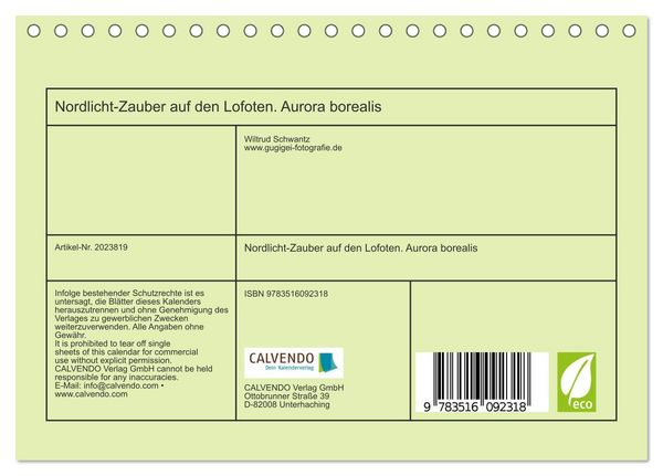 Produktbild: Nordlicht-Zauber auf den Lofoten. Aurora borealis (Tischkalender 2026 DIN A5 quer), CALVENDO Monatskalender