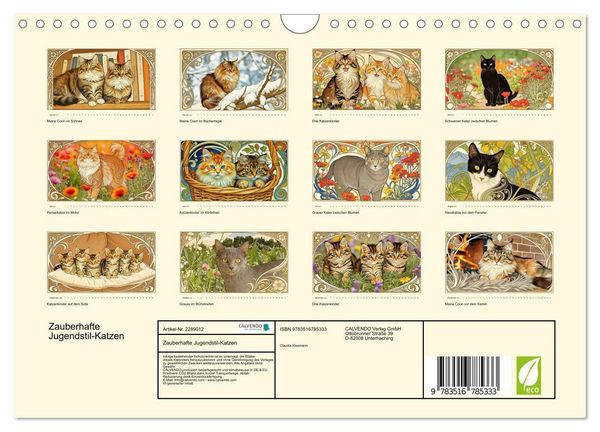 Produktbild: Zauberhafte Jugendstil-Katzen (Wandkalender 2027 DIN A4 quer), CALVENDO Monatskalender