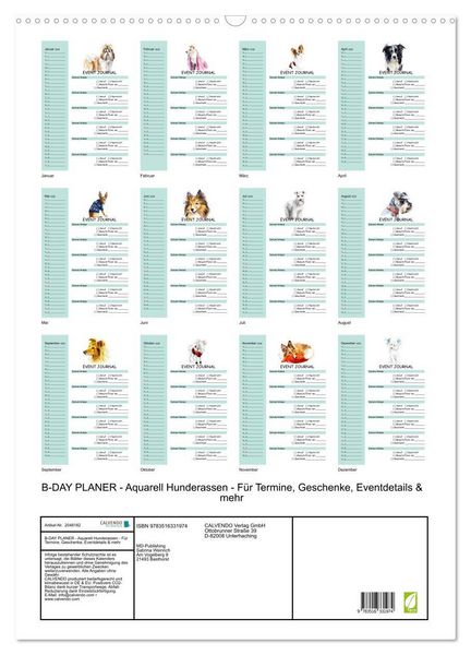 Produktbild: B-DAY PLANER - Aquarell Hunderassen - F&uuml;r Termine, Geschenke, Eventdetails & mehr (Wandkalender 2026 DIN A2 hoch), CALVENDO Monatskalender