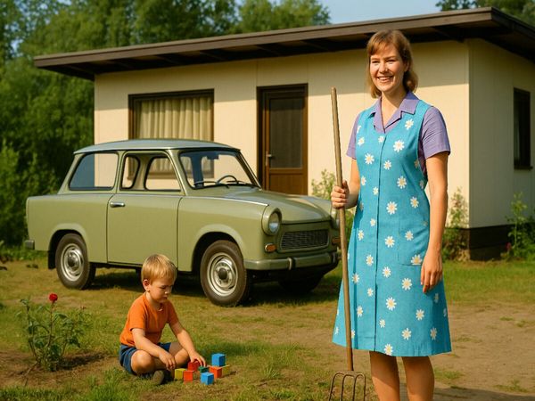 Produktbild: CALVENDO Puzzle Das kleine Gl&uuml;ck mit Datsche und Kittelsch&uuml;rze und Trabant 601 | 1000 Teile Lege-Gr&ouml;&szlig;e 64x48cm Foto-Puzzle f&uuml;r gl&uuml;ckliche Stunden