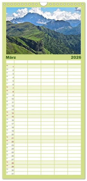 Produktbild: Familienplaner 2026 - Hoch oben in den DOLOMITEN mit 5 Spalten (Wandkalender, 21 x 45 cm) CALVENDO