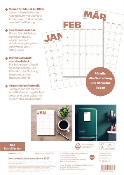 Produktbild: Monats-Wandplaner monochrom 2027 - 12 einzelne Bl&auml;tter zur individuellen Nutzung