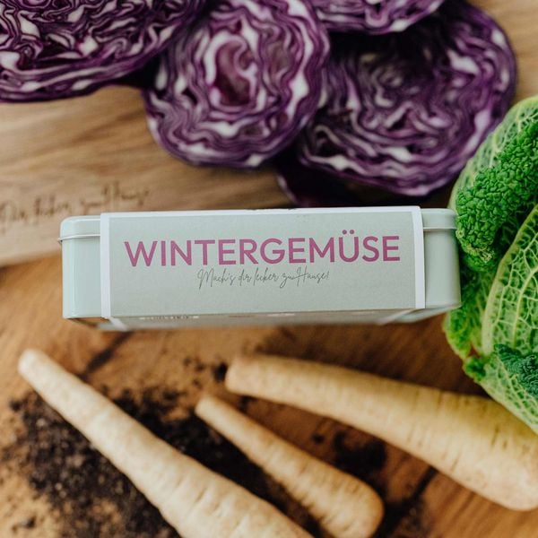 Produktbild: Saatgut Bio-Saatgutbox Wintergem&uuml;se in Wei&szlig;blechdose, mit 6 Sorten