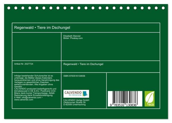 Produktbild: Regenwald &bull; Tiere im Dschungel (Tischkalender 2026 DIN A5 quer), CALVENDO Monatskalender