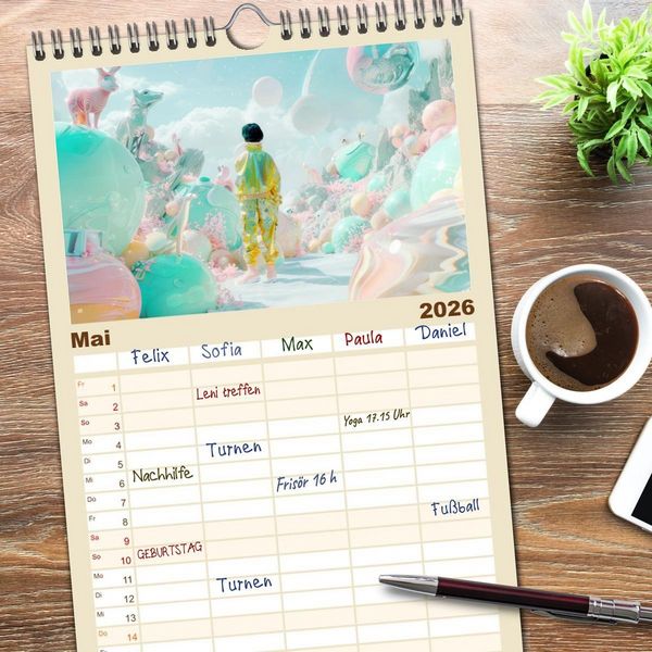 Produktbild: Familienplaner 2026 - Figuren in einer bunten Welt - Im Anime-Stil mit 5 Spalten (Wandkalender, 21 x 45 cm) CALVENDO