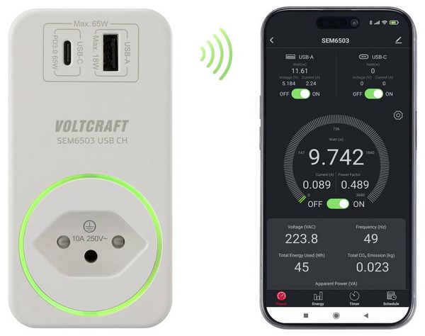 Produktbild: VOLTCRAFT SEM6503 CH Energiekosten-Messger&auml;t USB-Schnittstelle, inkl. Funksteckdose, Datenexport, Datenloggerfunktion