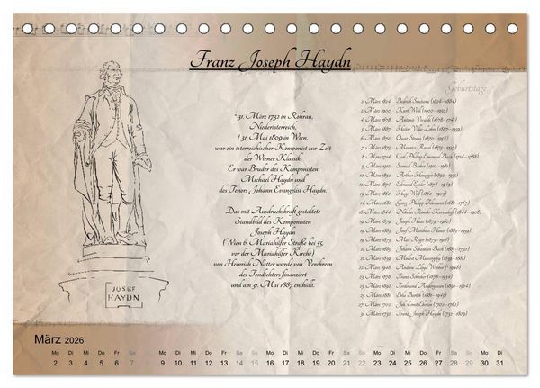 Produktbild: Von Mozart bis Beethoven (Tischkalender 2026 DIN A5 quer), CALVENDO Monatskalender
