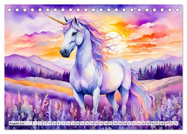 Produktbild: Magische Einh&ouml;rner - Traumlandschaften unterm Regenbogen (Tischkalender 2026 DIN A5 quer), CALVENDO Monatskalender