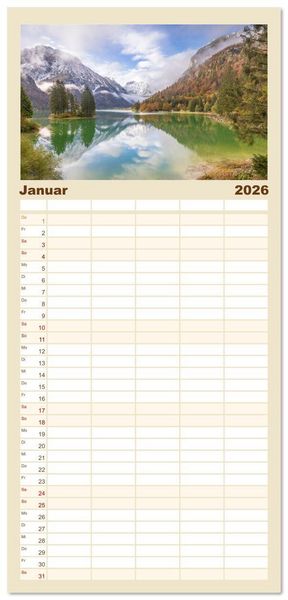 Produktbild: Familienplaner 2026 - Bezaubernde Bergseen mit 5 Spalten (Wandkalender, 21 x 45 cm) CALVENDO