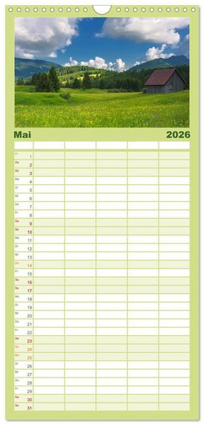 Produktbild: Familienplaner 2026 - Bergwelten mit 5 Spalten (Wandkalender, 21 x 45 cm) CALVENDO