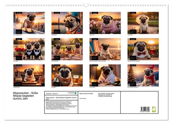 Produktbild: Mopszauber - S&uuml;&szlig;e M&ouml;pse begleiten durchs Jahr (Wandkalender 2026 DIN A2 quer), CALVENDO Monatskalender
