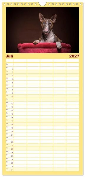 Produktbild: Familienplaner 2027 - Bullterrier mit 5 Spalten (Wandkalender, 21 x 45 cm) CALVENDO