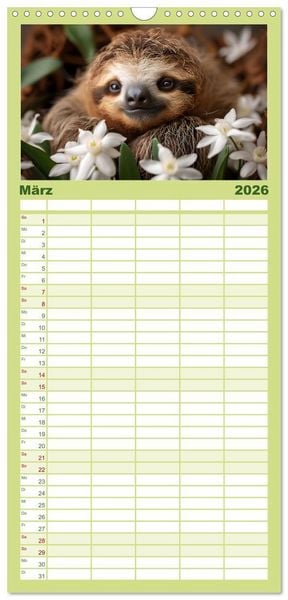 Produktbild: Familienplaner 2026 - Faultiere - entspannt durchs Jahr mit 5 Spalten (Wandkalender, 21 x 45 cm) CALVENDO