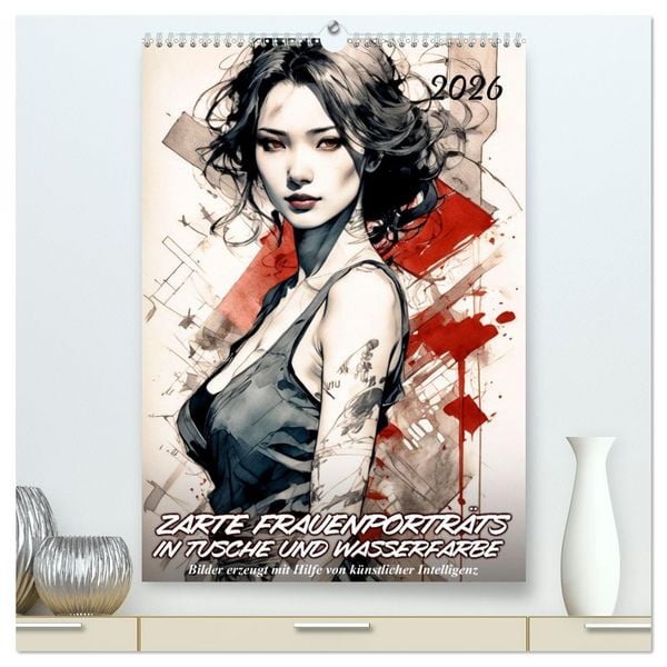 Produktbild: Zarte Frauenportr&auml;ts in Tusche und Wasserfarbe (hochwertiger Premium Wandkalender 2026 DIN A2 hoch), Kunstdruck in Hochglanz