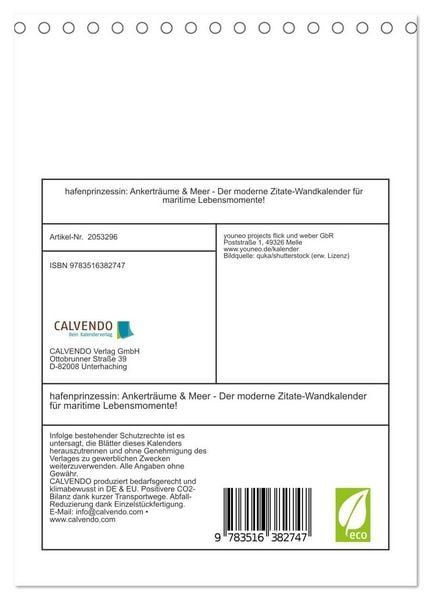 Produktbild: hafenprinzessin: Ankertr&auml;ume & Meer - Der moderne Zitate-Wandkalender f&uuml;r maritime Lebensmomente! (Tischkalender 2026 DIN A5 hoch), CALVENDO Monatskalender