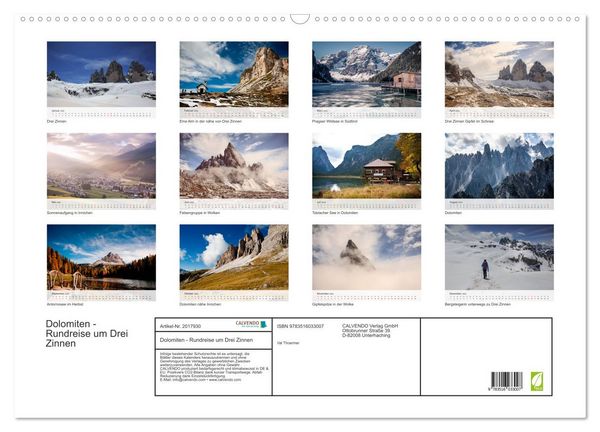Produktbild: Dolomiten - Rundreise um Drei Zinnen (Wandkalender 2026 DIN A2 quer), CALVENDO Monatskalender