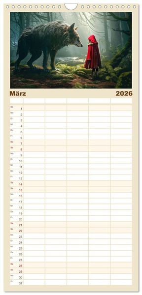 Produktbild: Familienplaner 2026 - Rotk&auml;ppchen und der Wolf mit 5 Spalten (Wandkalender, 21 x 45 cm) CALVENDO