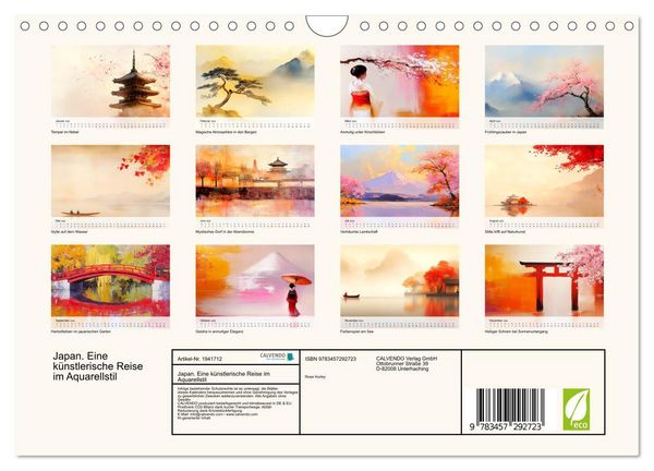 Produktbild: Japan. Eine k&uuml;nstlerische Reise im Aquarellstil (Wandkalender 2026 DIN A4 quer), CALVENDO Monatskalender