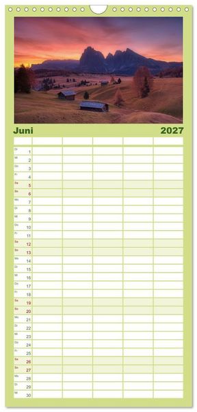 Produktbild: Familienplaner 2027 - Bergstille - Landschaften, die ber&uuml;hren mit 5 Spalten (Wandkalender, 21 x 45 cm) CALVENDO