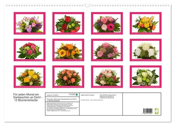 Produktbild: F&uuml;r jeden Monat ein Dankesch&ouml;n an Dich! - 12 Blumenstr&auml;u&szlig;e (Wandkalender 2026 DIN A2 quer), CALVENDO Monatskalender