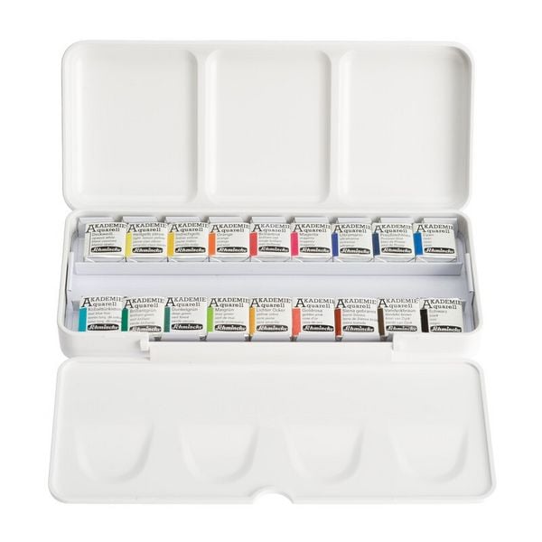 Produktbild: Schmincke AKADEMIE Aquarell Malkasten, Kunststoffset, 18 x 1/2 N&auml;pfchen mit Gummiband