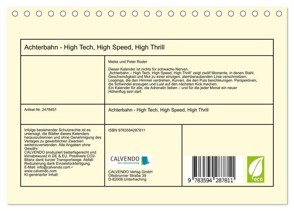 Produktbild: Achterbahn - High Tech, High Speed, High Thrill (Tischkalender 2027 DIN A5 quer), CALVENDO Monatskalender