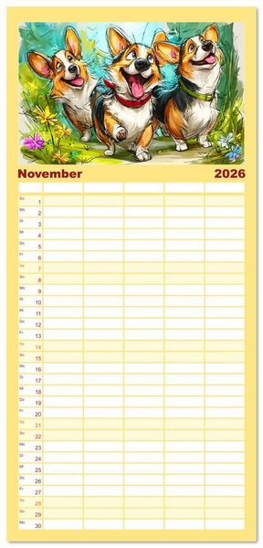 Produktbild: Familienplaner 2026 - Lustige Corgis. Niedliche Cartoons von gl&uuml;cklichen Hunden mit 5 Spalten (Wandkalender, 21 x 45 cm) CALVENDO