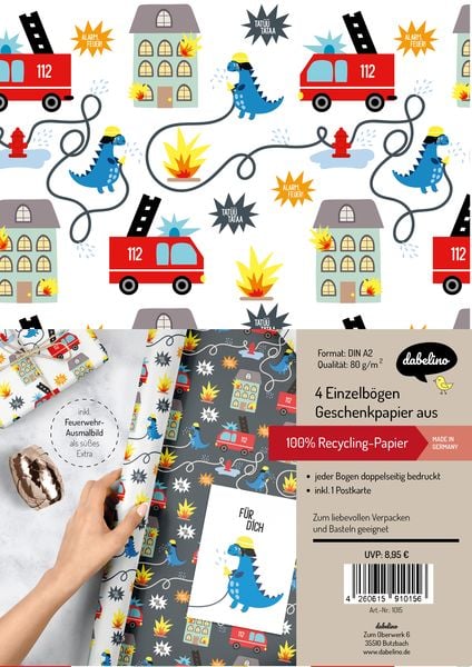 Produktbild: Geschenkpapier-Set f&uuml;r Kinder: Feuerwehr/ Dinosaurier