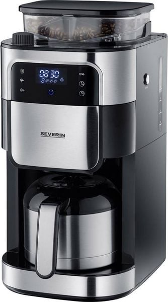 Produktbild: Severin Filterkaffeemaschine mit Mahlwerk und Edelstahl-Thermokanne, Kaffeemaschine Schwarz, Edelstahl (geb&uuml;rstet) Fassungsverm&ouml;gen Tassen=8 Displa