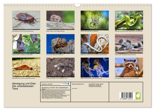 Produktbild: Abneigung und Ekel. Die unbeliebtesten Tiere (Wandkalender 2027 DIN A3 quer), CALVENDO Monatskalender