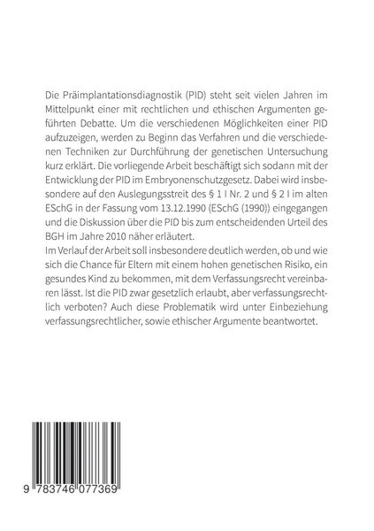 Produktbild: Die Zul&auml;ssigkeit der Pr&auml;implantationsdiagnostik nach dem Ebryonenschutzgesetz und deren Vereinbarkeit mit Art. 1 und 2 GG