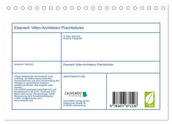 Produktbild: Eisenach Villen-Architektur Prachtst&uuml;cke (Tischkalender 2026 DIN A5 quer), CALVENDO Monatskalender
