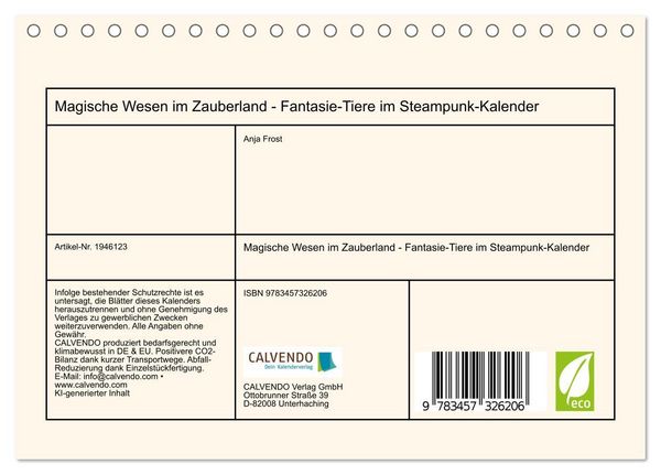 Produktbild: Magische Wesen im Zauberland - Fantasie-Tiere im Steampunk-Kalender (Tischkalender 2026 DIN A5 quer), CALVENDO Monatskalender