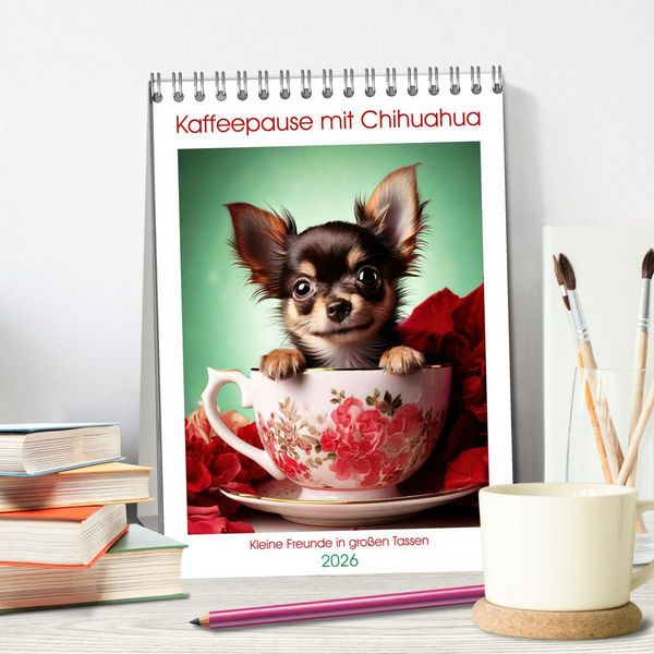 Produktbild: Kaffeepause mit Chihuahua - Kleine Freunde in gro&szlig;en Tassen (Tischkalender 2026 DIN A5 hoch), CALVENDO Monatskalender