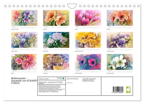 Produktbild: Bl&uuml;tenzauber - Aquarelle von ECKARD FUNCK (Wandkalender 2026 DIN A4 quer), CALVENDO Monatskalender
