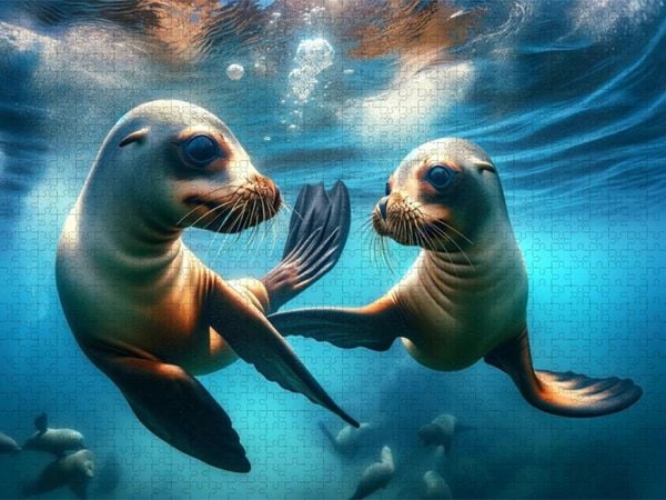 Produktbild: CALVENDO Puzzle Ein Bild das das spielerische Verhalten junger kalifornischer Seel&ouml;wen zeigt | 1000 Teile Lege-Gr&ouml;&szlig;e 64x48cm Foto-Puzzle f&uuml;r gl&uuml;cklich