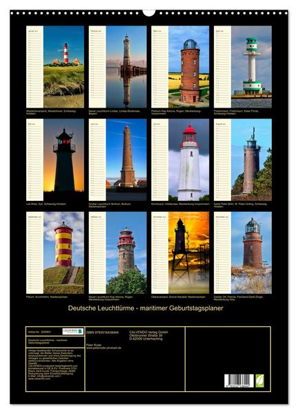 Produktbild: Deutsche Leuchtt&uuml;rme - maritimer Geburtstagsplaner (Wandkalender 2026 DIN A2 hoch), CALVENDO Monatskalender