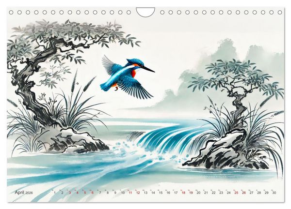 Produktbild: Federleicht - Vogelwelt im Stile asiatischer Tuschmalerei (Wandkalender 2026 DIN A4 quer), CALVENDO Monatskalender